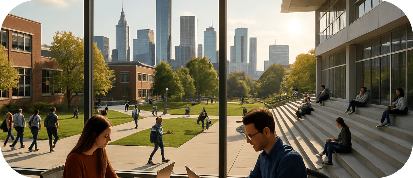 University campus with students