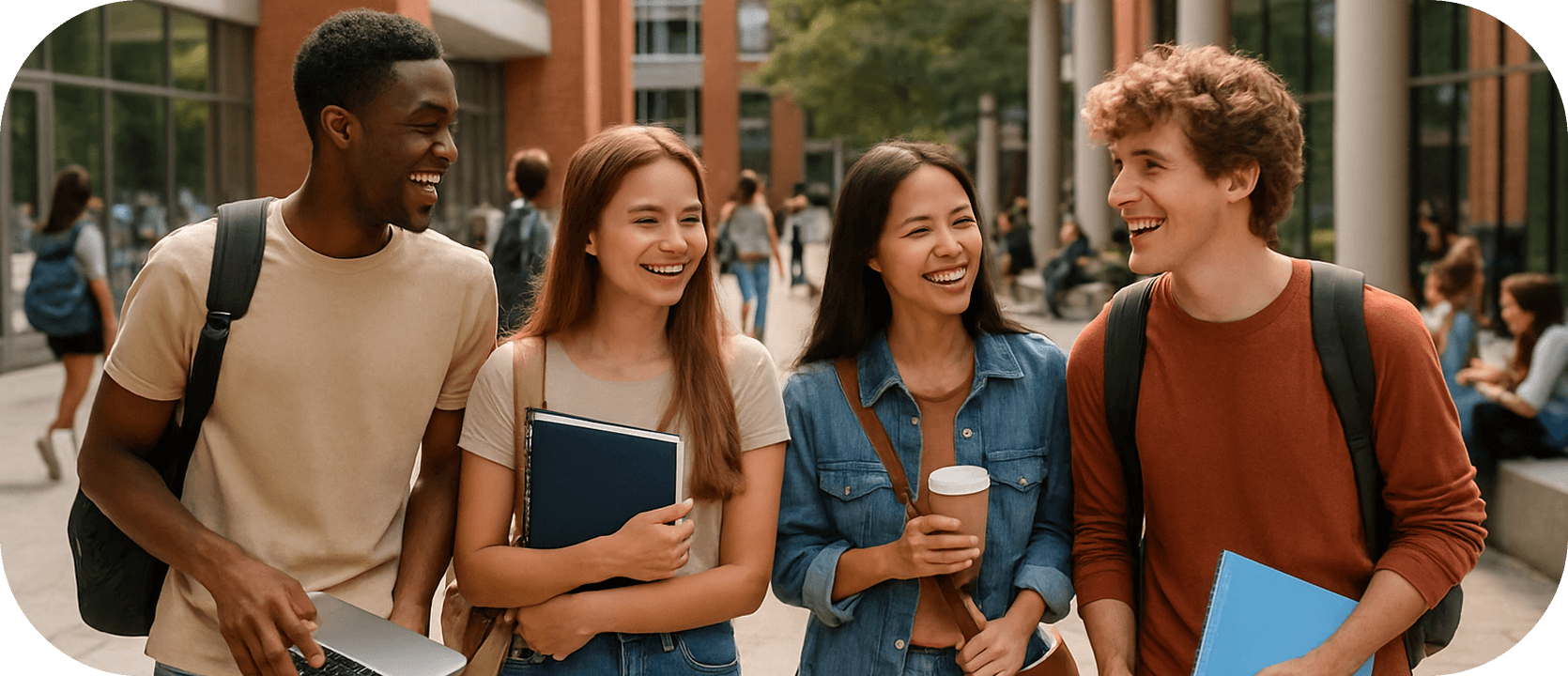 Diverse group of students walking together on campus
